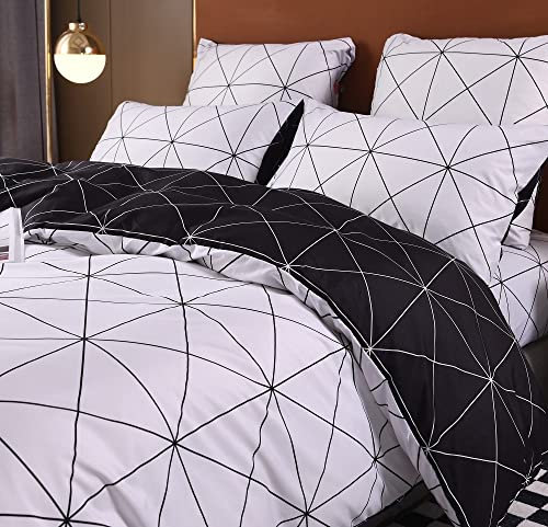 Luofanfei Microfaser Bettwäsche 3 Teilig Weiß Streifen Kariert Bettbezug Geometrisch Muster Wendebettwäsche mit Reißverschluss Zweiseitig Gedruckt (JJA, 200 x 220 cm 80 x 80 cm)