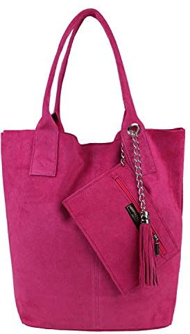 ITALYSHOP24 Made IN Italy Damen XXL Leder Tasche Wildleder Shopper Schultertasche Schmucktasche Pink