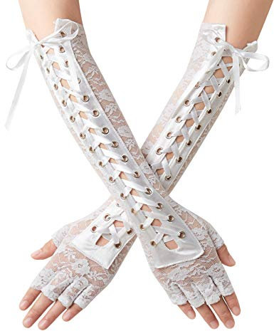 Coucoland Steampunk Gloves Lace Up Fingerless Gloves Adjustable Long Gloves for Evening Party (A-Lace White)
