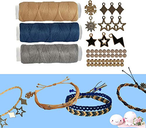 RainbowStone Schmuckherstellung DIY Kit für Freundschaft Armband Fußkettchen Halskette 30m gewachste Fäden + 11 Charms + 20 Perlen + Video-Tutorials Set F Aprikose/Silber/Marine