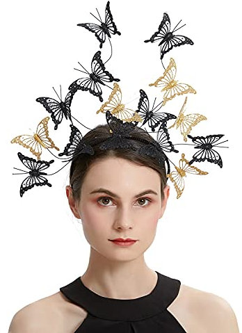 Coucoland Schmetterling Fascinator Hut Monarch Schmetterling Stirnband Krone Teeparty Halloween Kostüm Kopfschmuck, Goldfarben / Schwarz, Einheitsgröße