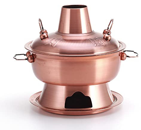 Chinesisch Heißer Topf Edelstahl Shabu Shabu Feuertopf Mit Kamin Für Kohlebrand Suppentopf Shabu-Herd Jahrgang Kupfer Kochgeschirr Pfanne Für 3-7 Personen (Rotes Kupfer),34CM