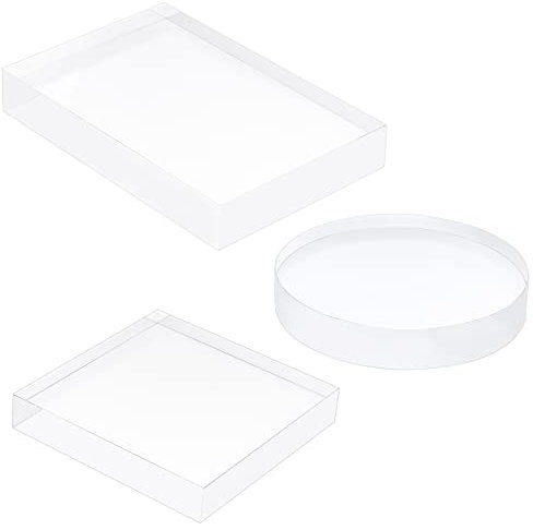 FINGERINSPIRE Paquete de 3 bloques de base de exhibición de acrílico pulido transparente (cuadrado y plano, redondo y rectángulo) para joyería, soporte de anillo soporte de escaparate