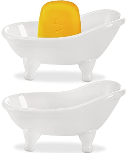 DEAYOU Paquete de 2 jaboneras de cerámica, mini soporte para jabón de bañera, jabonera blanca pequeña con drenaje, bonita bandeja de jabón de porcelana para ducha, baño, decoración, cocina, mostrador,