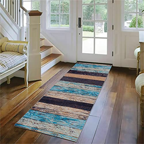 CWYPB Flur Teppich Läufer Blau Küchenteppich Waschbar Teppich Holzoptik Meterware Teppichläufer Flur rutschfest Vintage Teppich Für Schlafzimmer, Wohnzimmer, Esszimmer,90x160cm