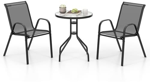 COSTWAY Ensemble de Jardin 3 Pièces, Salon de Jardin avec 2 Chaises Empilables Table Basse Ronde en Verre Trempé, Ensemble de Salle à Manger pour Jardin Balcon Terrasse Cour (Noir)