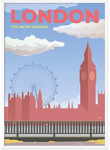 JUNOMI® London Poster XL, DIN A2 Wohnzimmer Deko, Modernes Wandbild, England Bild, Reiseposter, London Wandbild | Mit Rahmen Weiß