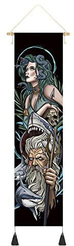 CoolChange Hochwertiges Griechische Götter Rollbild aus Stoff | Mythologie Kakemono 142x33cm | Inkl. Haken | Motiv: Poseidon & Medusa