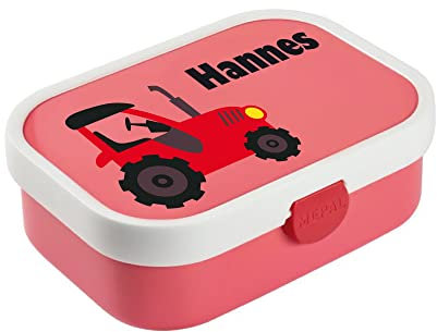 4youDesign rosa Brotdose mit Fächern -Trecker- personalisiert mit Namen I Campus mit Bento-Box und Gabel für Jungen & Mädchen, Traktor