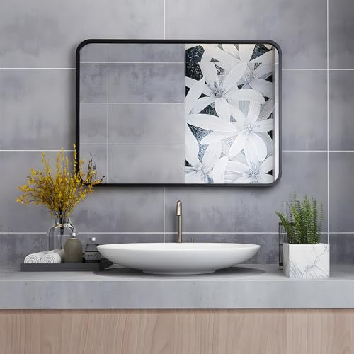 MIQU Badezimmerspiegel 100x60cm Badspiegel ohne Beleuchtung rechteckig Spiegel Schwarz Metallrahmen Wandspiegel für Badezimmer, Wohnzimmer, WC 600x1000mm