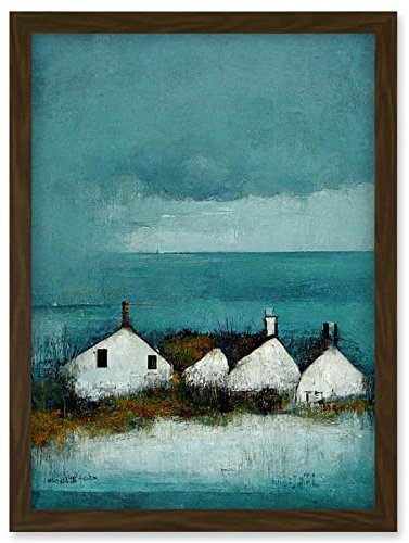 Doppelganger33 LTD Scottish Seascape White Cottages On Teal Artwork Framed Wall Art Print A4