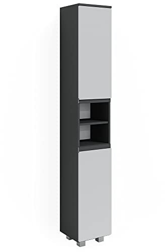 Vicco Badschrank J-Shape, Badezimmerhochschrank, Weiß/Anthrazit, 30 x 190 cm