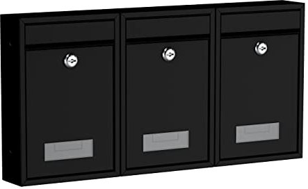 BASI | 3er Set Briefkasten | Wandbriefkasten Kompaktbriefkasten | DIN B5 | Namensschild jeweils 2 Schlüssel | Befestigungsmaterial | Briefkastenanlage | Stahlbriefkasten | Schwarz Matt | 3 Stück