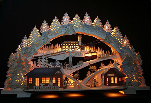 3D Schwibbogen 72cm Wintersport in Oberwiesenthal mit Fichtelberg - Schwebebahn - Handarbeit aus dem Erzgebirge + BONUS - Aufsetzbäume inklusive! (exclusiv schattiert)