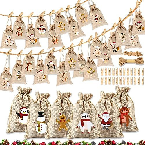 Adventskalender zum Befüllen, Adventskalender Stoffsäckchen, Weihnachten Adventskalender Taschen, 24 Adventskalender Stoffbeutel mit 24 Adventskalender Zahlen+Holzklammern+Hanfseil (gingerbread Man)