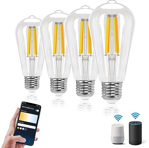 Aigostar Lampadine Smart WiFi E27 Alexa Lampadine Vintage ST64 6W Edison Lampadina WiFi Dimmerabile 2700K-6500K, Controllo Remoto tramite APP, Compatibile Con Alexa, Google Home, Trasparente 4 pezzi
