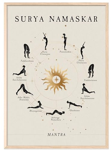JUNOMI® Sonnengruß Poster DIN A2 | Yoga Zubehör für Studio & Zuhause, Boho Wanddeko, Meditation | mit Rahmen Natur