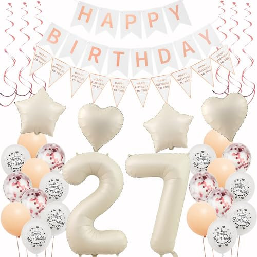 Deko 27. Geburtstag Frauen Beige Roségold Luftballons 27 Geburtstag Dekoration Frau,27 Gertstag Deko,Geburtstagsdeko 27 jahre Frauen,Happy 27th Birthday Girlande 27 Geburtstag Party Deko
