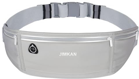 JIMKAN Cinturón Deportiva Multibolsillo Gran Volumen, Cinturón para Correr Impermeable y Transpirable, Riñonera Deportiva con Conector para Auriculares y Bandas Reflectantes (Gris)