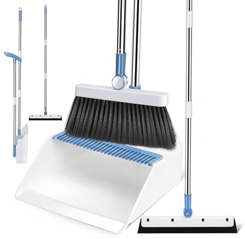 HEVOL - Recogedor y Escoba, Cepillo y Recogedor Plegables con Mango Largo, Escoba Giratoria 180 Grados Escoba Vertical para Interior y Exterior - Blanco
