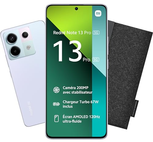 Xiaomi Bundle REDMI Note 13 Pro 5G 8/256 + Etui Gris Foncé, Ecran de 6.67'', Smartphone Débloqué, Batterie mAh 5100, Mémoire ROM 256 GO,RAM 8 GO, Android 13, Aurora Purple