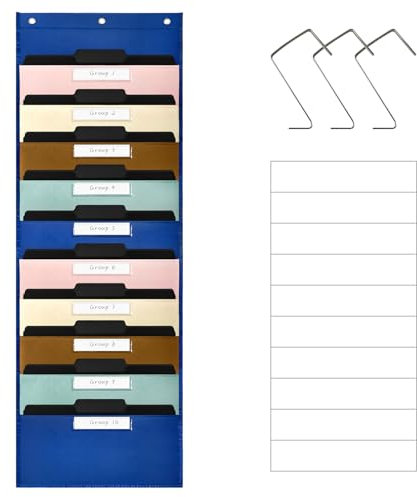 BOHEMIABY Hängeorganizer Ordner|10 Großen Taschen Metallhaken, Farbe Faltbar Zeitungshalter Wand mit Beschriften Sie Taschen und Papier, Büroschule Wandorganizer for Papier, Dokumente, Post, Bücher