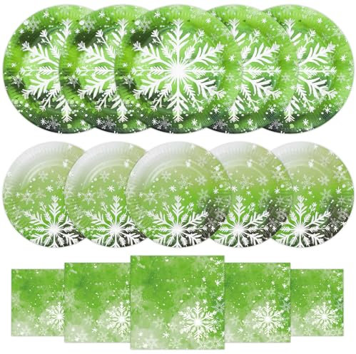 HNH Set di Piatti e Tovaglioli di carta per Natale | Cristallo di neve | Piatti da dessert 18cm, Piatti di carta 23cm con 33cm Tovaglioli di carta per feste Set di stoviglie usa e getta 16 persone
