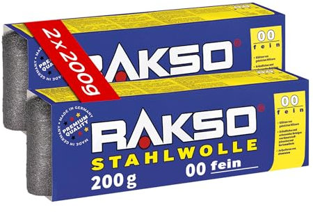 RAKSO Stahlwolle fein 00-400 g, 2 Banderolen à 200g, glättet Hölzer, Reinigung Kunststoffjalousien, Gartenmöbel, aufpolieren Aluminium
