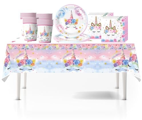 41Pcs Unicorn Birthday Decorations Set - Kids Party Tableware With Table Cloth, Paper Plates, Napkins, Cups for Table Decor