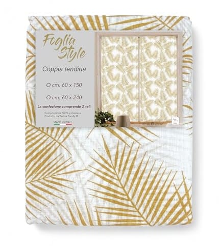 Tex family Coppia TENDINA a vetro FOGLIA STYLE OCRA larga cm. 60 da Finestra e da Porta - COPPIA (2 TELI) CM. 60X240