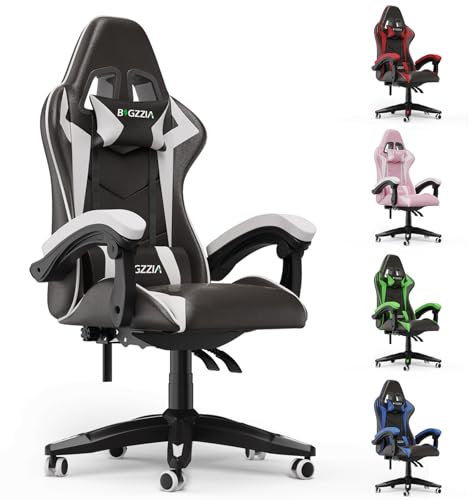 bigzzia Chaise Bureau Chaise Gaming Ergonomique en PU Cuir, Hauteur Réglable, avec Coussin Lombaire et Appui-Tête, Fauteuil Gamer Confortable pour Adultes, Filles et Garçons (Blanc)