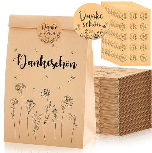 Faccito 50 Geschenktüten Set enthalten 50 Stück Danke Schön Geschenktaschen 13 x 24 cm Kraftpapiertüten mit 50 Stück 4 cm Danke Schön Aufkleber für Hochzeit Geburtstag Taufe Konfirmation Kommunion