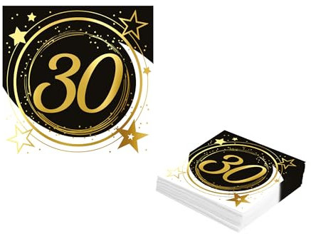 FIESTAS GUIRCA | 20 Serviettes de 30 Ans Jetables (16x16 cm) - Décoration de Table pour Fêtes et Célébrations - Idéal pour Événements et Fêtes - Noir, Or, Blanc