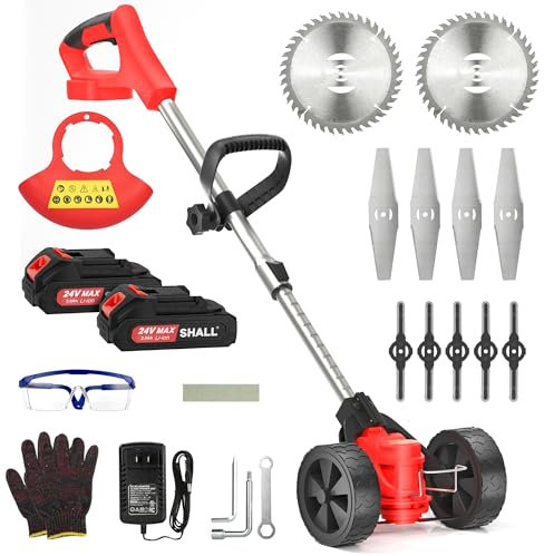 SHALL 24V Cordless Weed Wacker, 3-in-1 Electric Weed Eater Grass String Trimmer Edger, Telescopic Brush Cutter, 2 x 1.5Ah Battery Powered Lawn Mower with 3 Types Blades & Wheels for Yard Garden