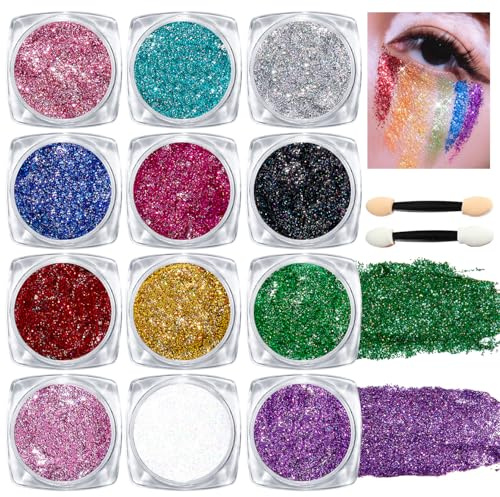 Body Glitter Gel Set - 12 Farbiger Festival Glitzer Gesicht Sequin Gel für Gesicht, Body, Haare - Keinen Klebstoff, Inklusive Applikator, Leicht Aufzutragen und Zu Entfernen Glitter Make Up (Set A)