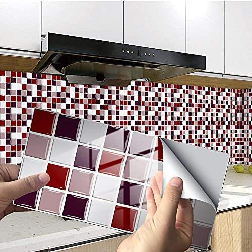 Wine Red & White Kitchen Tile Stickers - 10cm x 20cm Self-Adhesive Vinyl Wall Decor for Bathroom & Kitchen Backsplash - 36 Pieces for Easy Home Makeover