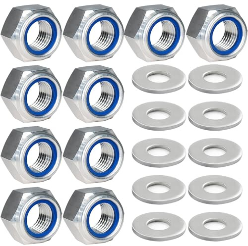 M10 Muttern, DIN985 20 Stk Standard A2 V2A Selbstsichernde Muttern Set mit 10 Stk M10 Muttern Edelstahl＆10 Stk M10 Unterlegscheiben Edelstahl, Stoppmutter Sicherungsmuttern Sechskantmuttern