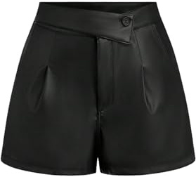 SOLY HUX Damen Shorts Elegant Kurz Hose mit Taschen Weite PU Lederhose Hohe Taille Hot Pants Clubwear Party Festival Outfit Schwarz XL
