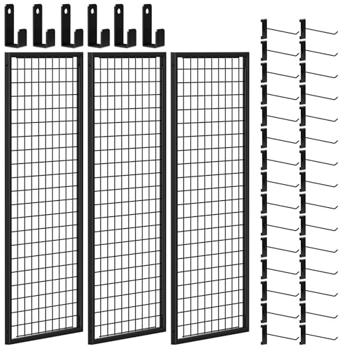 Atingde 3pcs Wall Grid Panel, with 30 Hooks, 86 * 21in Hanging Photo Metal Display Shelf, Mesh Tool Organiser, Memo Board and Photo Wall, for Decor & Storage, Office & Kitchen Decor