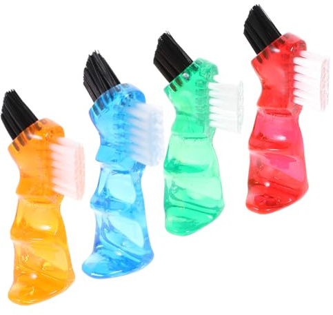 BEBEMOKO 4 Stück Mini Prothesenbürsten Doppelkopf Reinigungsbürste für Zahnprothesen Persönliche Mundpflege Kleine Handliche Bürsten in Verschiedenen Farben für Zuhause