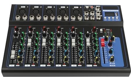 7-Channel Audio Mixer, Professional Mixer Sound Board Console Desk System Interface Digital USB Computer MP3, Input 48V Phantom Power Stereo DJ Mixers for Recording,Live Streaming,Podcasting,Karaoke