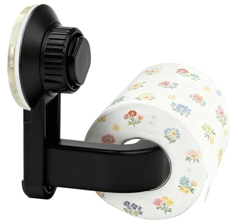 Suction Toilet Roll Holder Paper Self Adhesive No Drill Toilet Paper Hanger | Wall Mounted Vaccum Tissue Roll Dispenser ABS Waterproof Rustproof Strong Adhesion Paper Holder for Bathroom Kitchen Black