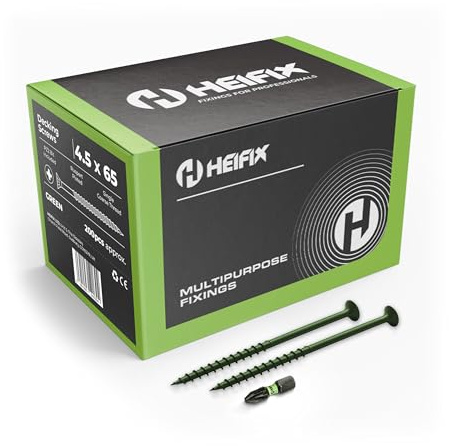 Heifix Decking Screws - 4.5 x 65mm, 200 QTY, Pozi, FREE Screw Bit | Pozi Decking Screws With Countersunk Heads For A Flush Finish. Ideal For Decking, Timber, Fencing And General Outdoor Fixing.