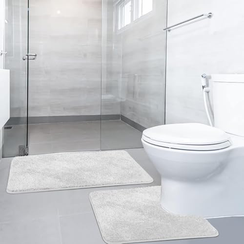 SOANNY Bath Mat Set, 2 Piece Non Slip Bathroom Rugs, White | 50 X 80 CM & 50 X 50 CM, Washable Soft Plush Microfiber, Absorbent Shower Toilet Pedestal Carpet, Bathroom Floor Door Mat