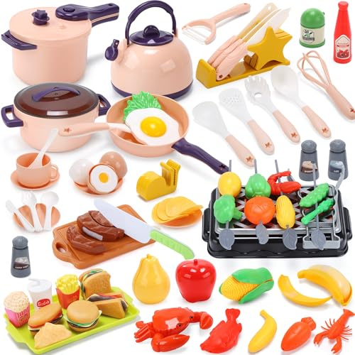 CUTE STONE 73-teiliges Kinderküchen-Spielset – mit Spielküchen-Zubehör, Töpfen, Pfannen, Spielzeugessen & BBQ-Grill – Kochspielzeug für Kleinkinder – pädagogisches Lerngeschenk für Mädchen & Jungen