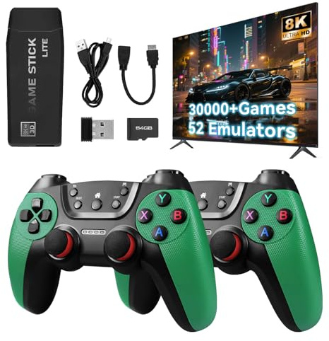 M22 Retro Game Console – Support 30000+ Classic Games, Retro Game Stick with 8K HDMI, Plug and Play TV Game Console with Upgrade Dual Wireless Controllers，Birthday Gift for Teen and Partner - Green