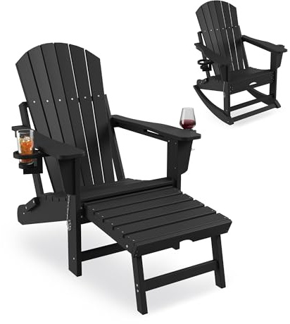 GarveeMore Klappbarer Adirondack Stuhl Mit Fußstütze & 2 Getränkehalter, Loungesessel Gartenstuhl Wetterfestes HDPE Gartensessel Für Garten, Terrasse Und Balkon, 181 kg Tragfähigkeit