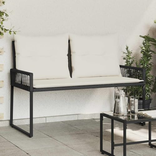 GPUTYGHN Poly-Rattan Bank Schwarz Cremeweiß mit Kissen, Polsterbank für Terrasse Balkon Garten, Sitzbank mit abnehmbarem Sitzkissen und gestepptem Rückenkissen