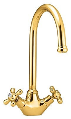 Deva SM057/501 Venetian Mono Kitchen Sink Mixer Tap with Gold Finish 360° Swan Swivel Spout-Easy Use Hot & Cold Brass Flow Cross Handles-for Dual Single Basin-12 Year Warranty