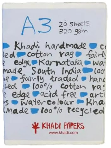 Khadi Handmade 100% Rag Watercolour Paper 320gsm : Rough : 20 Sheets Pack A3
